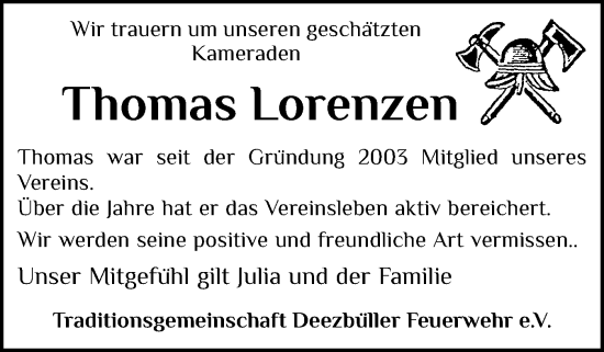 Traueranzeige von Thomas Lorenzen von Husumer Nachrichten, Nordfriesland Tageblatt