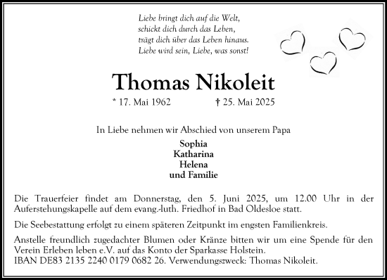 Traueranzeige von Thomas Nikoleit von MARKT Bad Oldesloe/Reinfeld und Stormarner Tageblatt