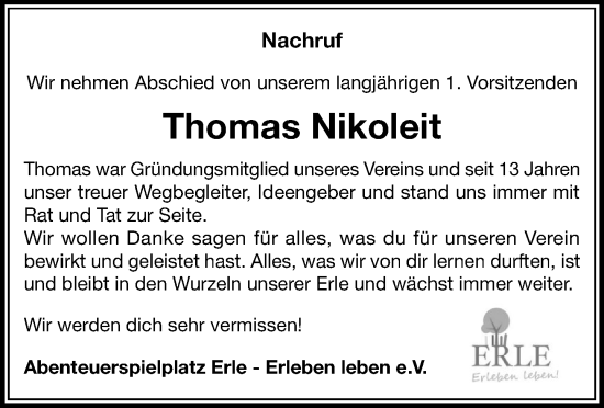 Traueranzeige von Thomas Nikoleit von MARKT Bad Oldesloe/Reinfeld und Stormarner Tageblatt