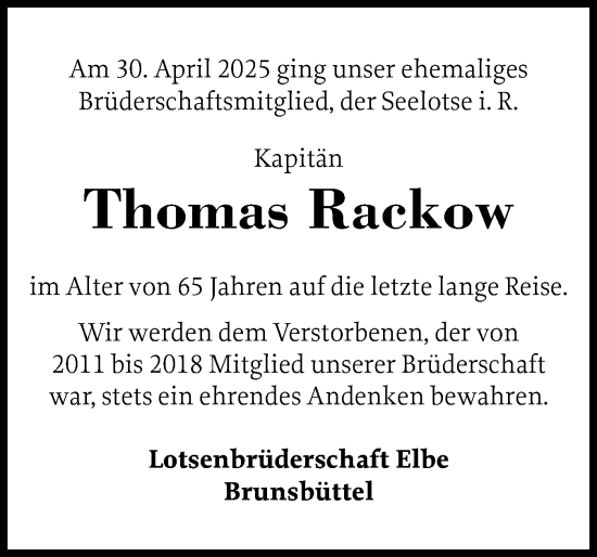 Traueranzeige von Thomas Rackow von Norddeutsche Rundschau, Wilstersche Zeitung, Glückstädter Fortuna