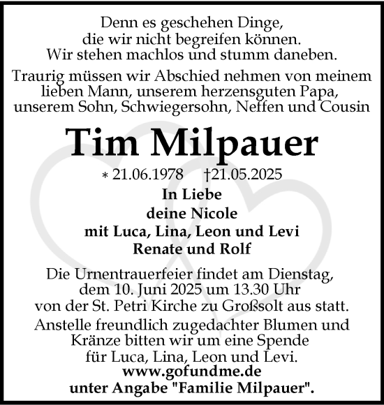 Traueranzeige von Tim Milpauer von Flensburger Tageblatt