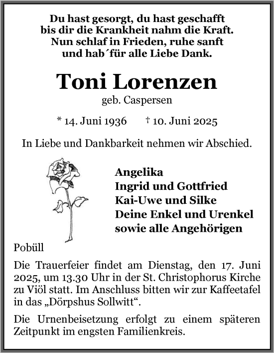 Traueranzeige von Toni Lorenzen von Husumer Nachrichten, Nordfriesland Tageblatt