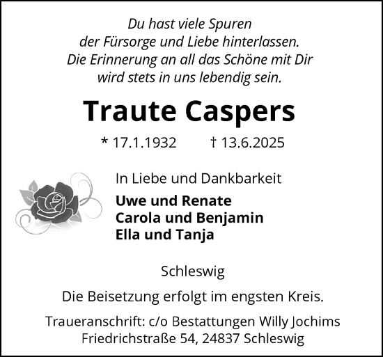 Traueranzeige von Traute Caspers von Schleswiger Nachrichten, Schlei-Bote