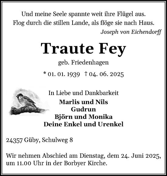 Traueranzeige von Traute Fey von Eckernförder Zeitung, Hallo Eckernförde