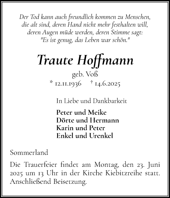 Traueranzeige von Traute Hoffmann von Region Steinburg-Elmshorn