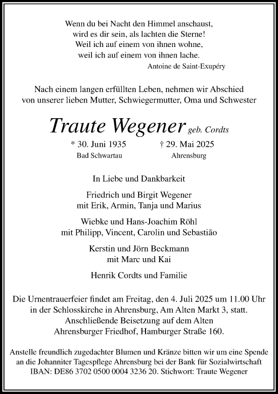 Traueranzeige von Traute Wegener von MARKT Ahrensburg/Bargteheide/Trittau und Stormarner Tageblatt