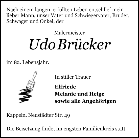 Traueranzeige von Udo Brücker von Schleswiger Nachrichten, Schlei-Bote