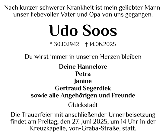Traueranzeige von Udo Soos von Norddeutsche Rundschau, Wilstersche Zeitung, Glückstädter Fortuna