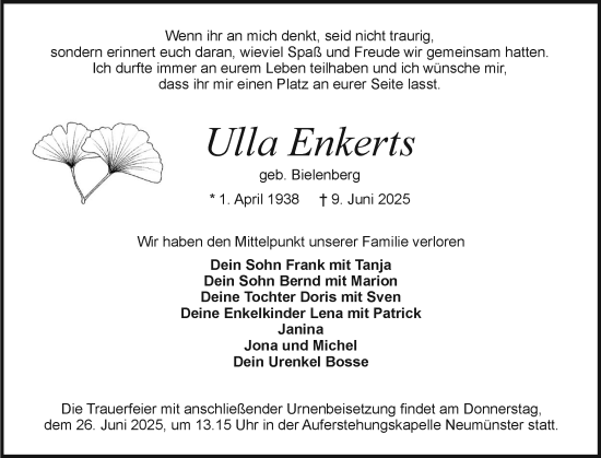 Traueranzeige von Ulla Enkerts von Holsteinischer Courier