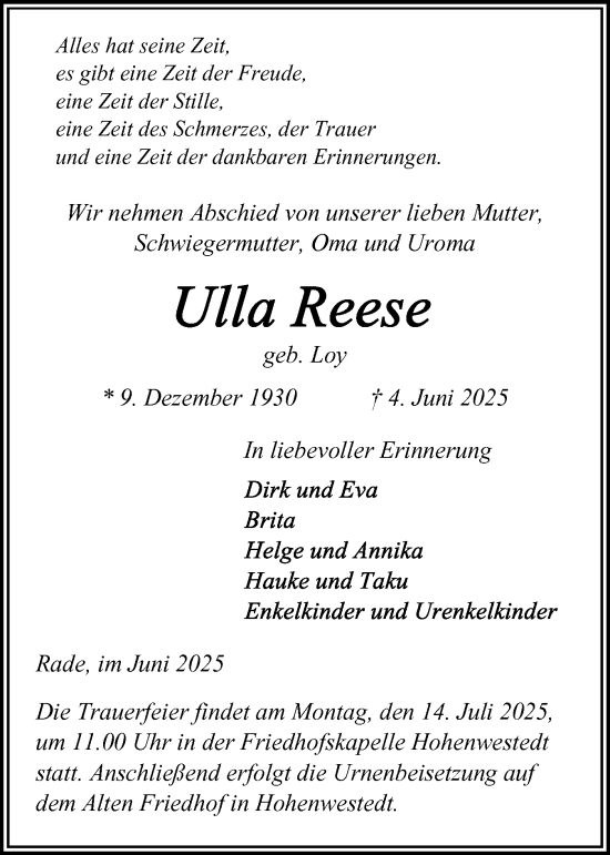 Traueranzeige von Ulla Reese von Schleswig-Holsteinische Landeszeitung
