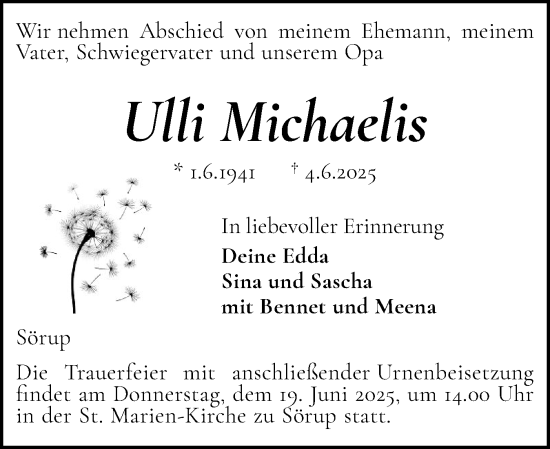 Traueranzeige von Ulli Michaelis von Flensburger Tageblatt