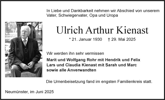 Traueranzeige von Ulrich Arthur Kienast von Holsteinischer Courier