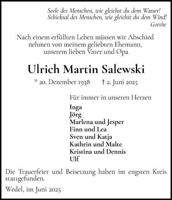 Traueranzeige von Ulrich Martin Salewski von Wedel-Schulauer Tageblatt, tip Wedel-Schulauer Tageblatt, tip Rissener Rundschau