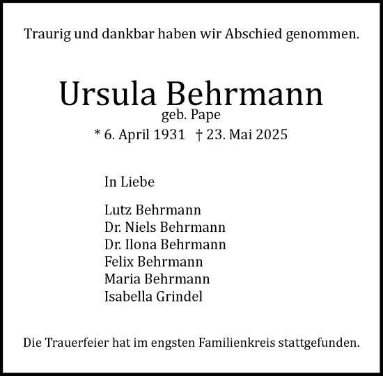 Traueranzeige von Ursula Behrmann von Heimatspiegel