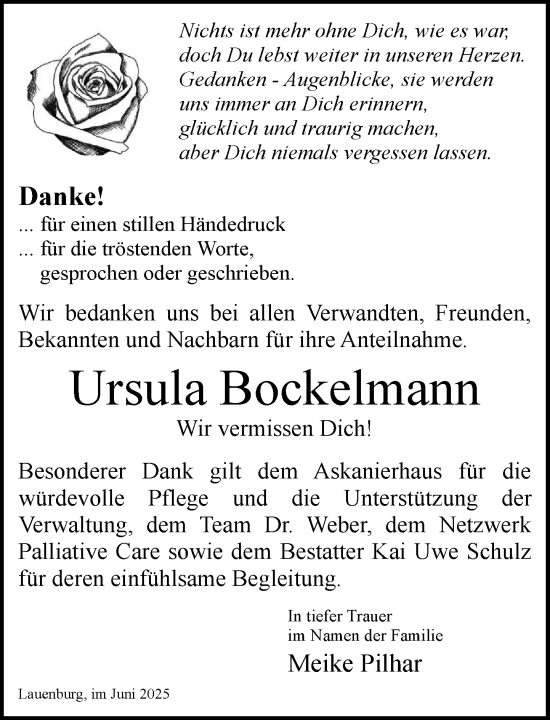 Traueranzeige von Ursula Bockelmann von Wochenend Anzeiger