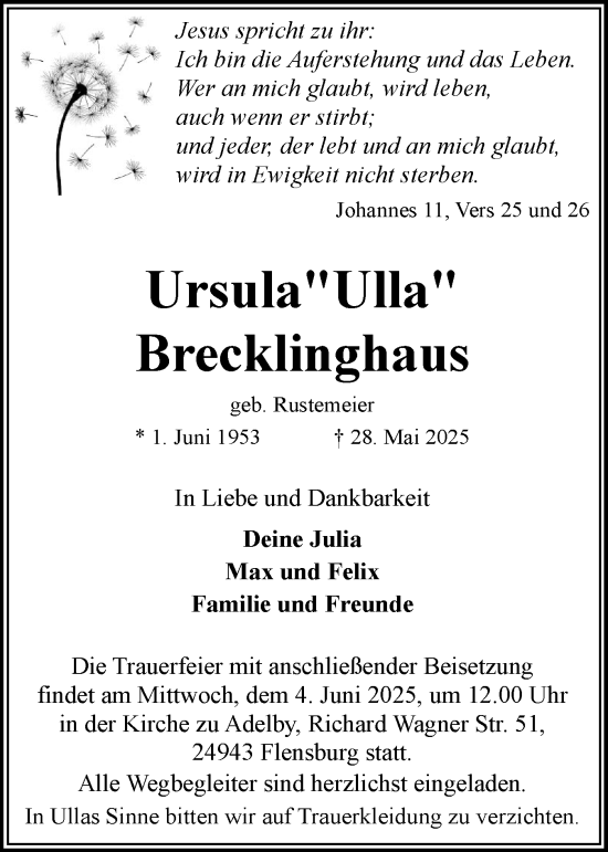 Traueranzeige von Ursula Brecklinghaus von Flensburger Tageblatt