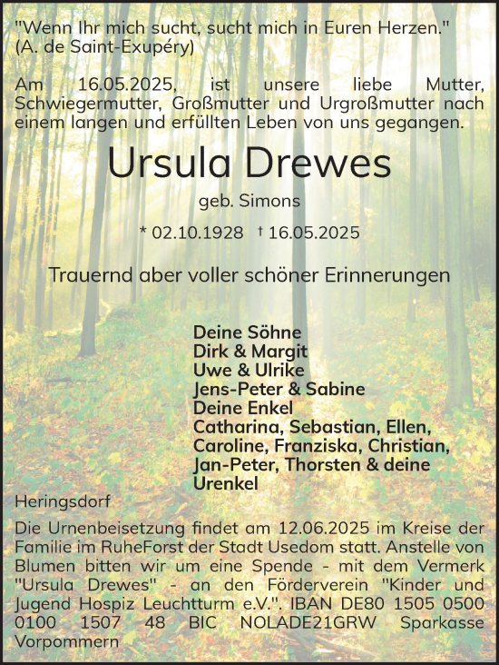 Traueranzeige von Ursula Drewes von Schleswiger Nachrichten, Schlei-Bote