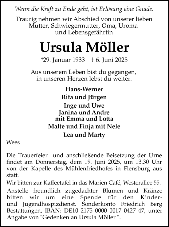 Traueranzeige von Ursula Möller von Flensburger Tageblatt