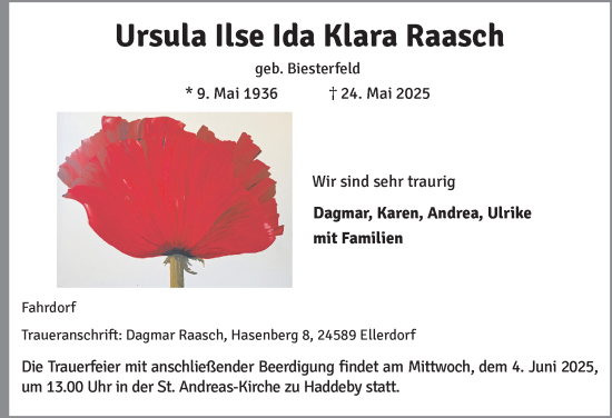 Traueranzeige von Ursula Ilse Ida Klara Raasch von Schleswiger Nachrichten, Schlei-Bote