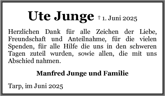 Traueranzeige von Ute Junge von Flensburger Tageblatt