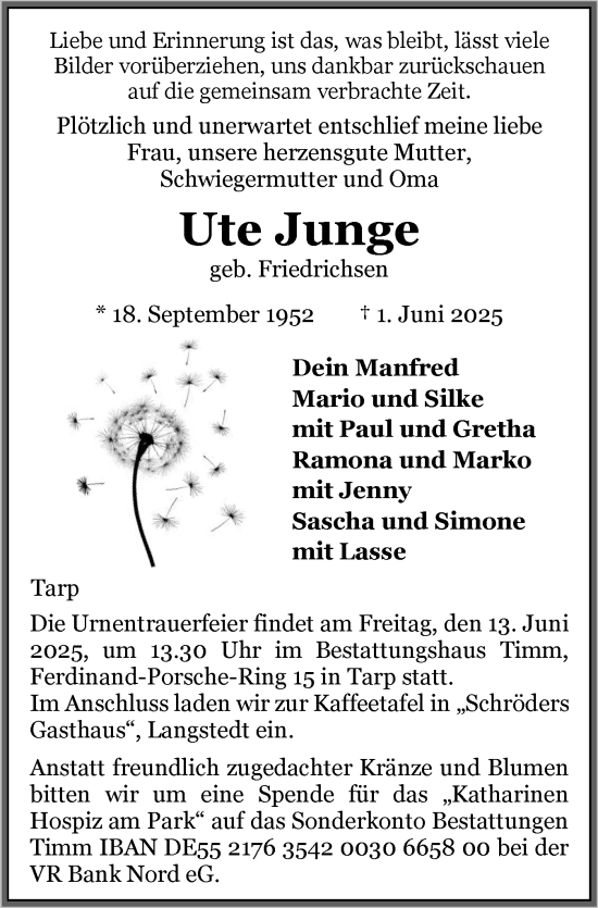 Traueranzeige von Ute Junge von Flensburger Tageblatt