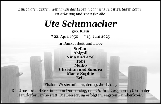 Traueranzeige von Ute Schumacher von Schleswig-Holsteinische Landeszeitung