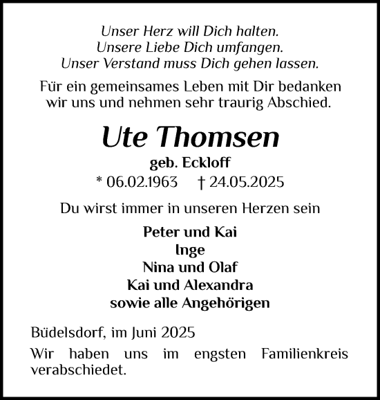 Traueranzeige von Ute Thomsen von Schleswig-Holsteinische Landeszeitung