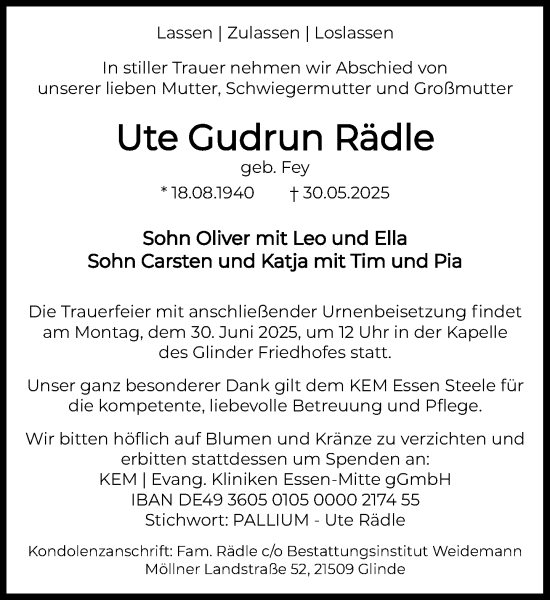 Traueranzeige von Ute Gudrun Rädle von MARKT Glinde/Reinfeld