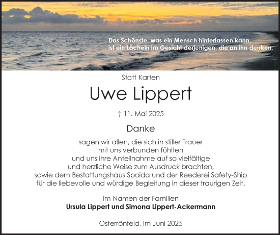 Traueranzeige von Uwe Lippert von Schleswig-Holsteinische Landeszeitung