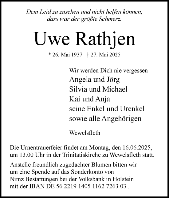 Traueranzeige von Uwe Rathjen von Norddeutsche Rundschau, Wilstersche Zeitung, Glückstädter Fortuna