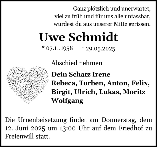 Traueranzeige von Uwe Schmidt von Flensburger Tageblatt