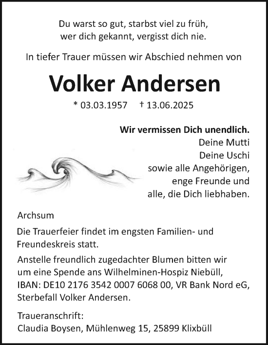 Traueranzeige von Volker Andersen von Sylter Rundschau