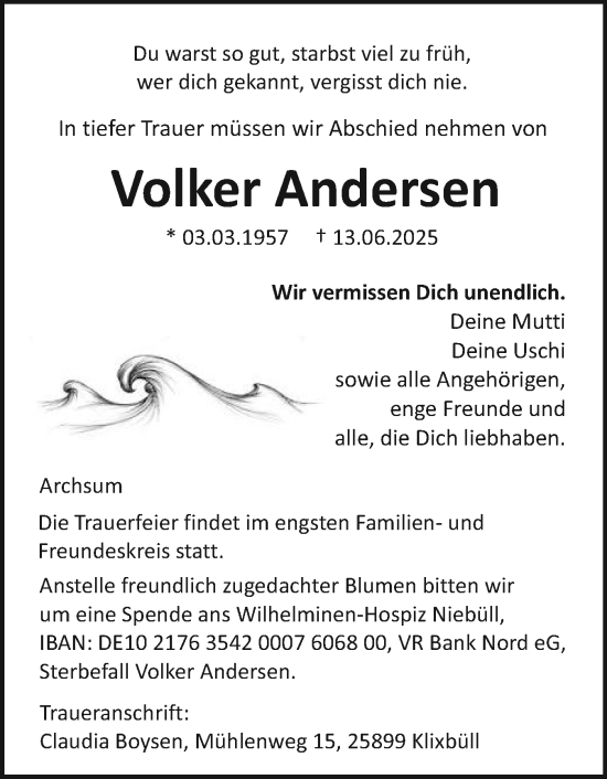 Traueranzeige von Volker Andersen von Sylter Rundschau