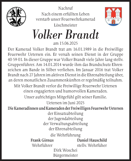 Traueranzeige von Volker Brandt von Uetersener Nachrichten, Der tip am Wochenende