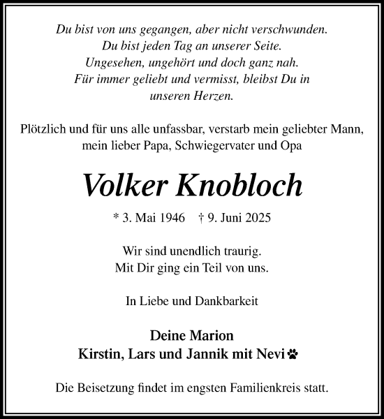 Traueranzeige von Volker Knobloch von MARKT Ahrensburg/Bargteheide/Trittau und Stormarner Tageblatt