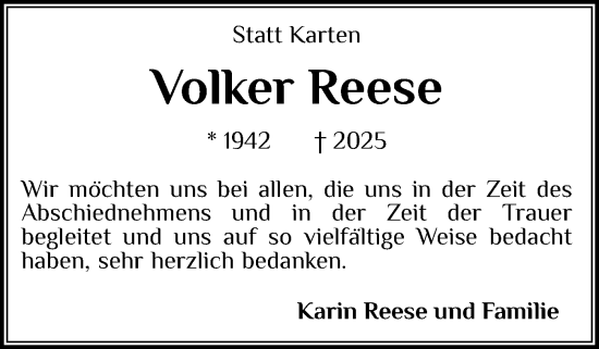 Traueranzeige von Volker Reese von Schleswiger Nachrichten, Schlei-Bote