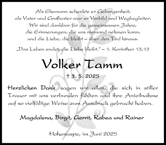 Traueranzeige von Volker Tamm von Norddeutsche Rundschau, Wilstersche Zeitung, Glückstädter Fortuna