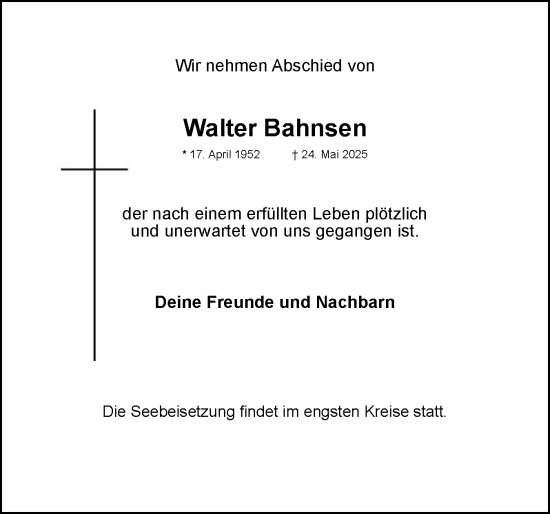 Traueranzeige von Walter Bahnsen von Elmshorner Nachrichten, Barmstedter Zeitung