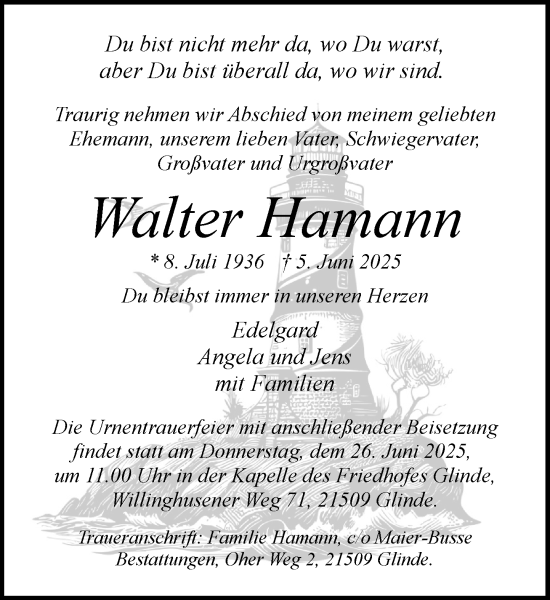 Traueranzeige von Walter Hamann von MARKT Glinde/Reinfeld