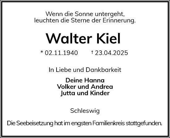 Traueranzeige von Walter Kiel von Schleswiger Nachrichten, Schlei-Bote