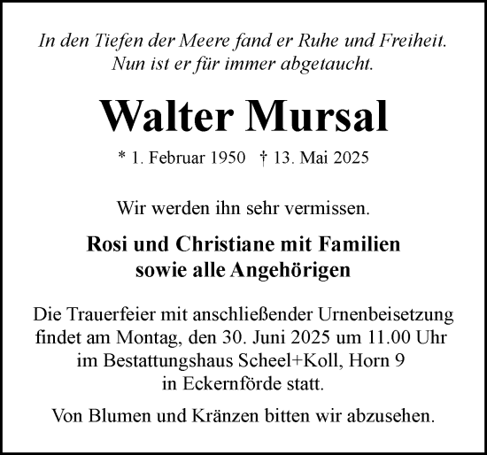 Traueranzeige von Walter Mursal von Eckernförder Zeitung, Hallo Eckernförde