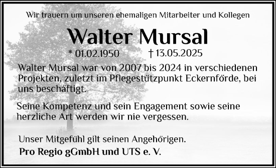 Traueranzeige von Walter Mursal von Eckernförder Zeitung