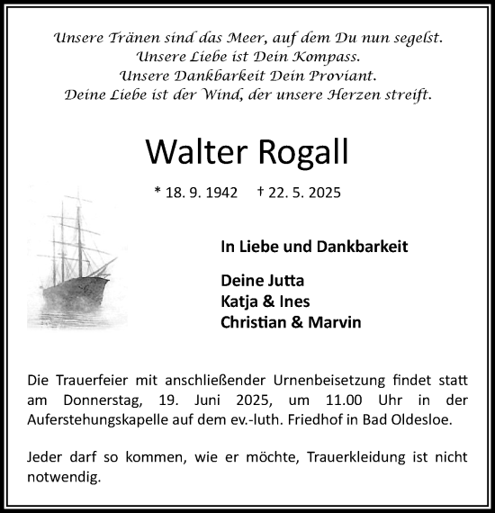 Traueranzeige von Walter Rogall von MARKT Bad Oldesloe/Reinfeld und Stormarner Tageblatt