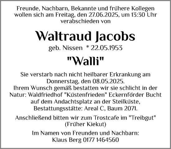 Traueranzeige von Waltraud Jacobs von Schleswiger Nachrichten, Schlei-Bote