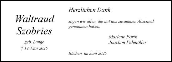 Traueranzeige von Waltraud Szobries von Wochenend Anzeiger