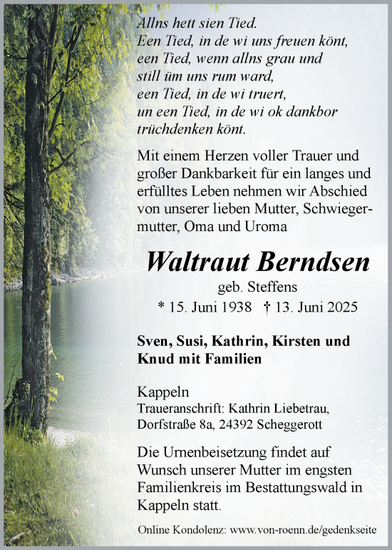 Traueranzeige von Waltraut Berndsen von Schleswiger Nachrichten, Schlei-Bote