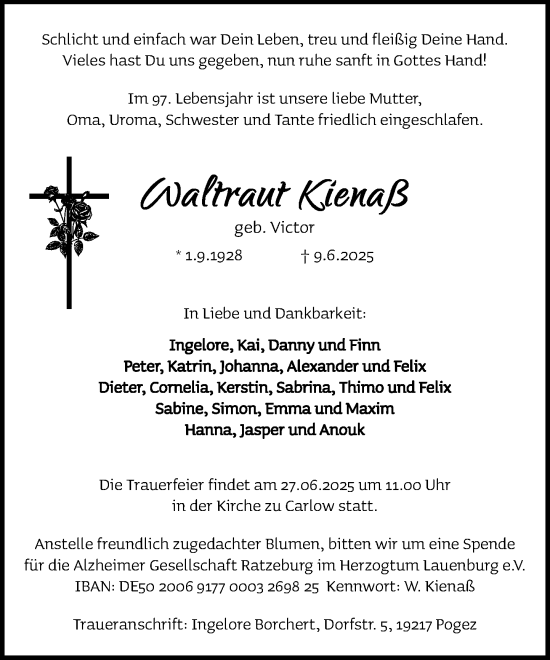 Traueranzeige von Waltraut Kienaß von MARKT Ratzeburg/Mölln