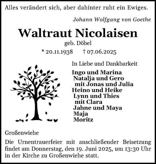 Traueranzeige von Waltraut Nicolaisen von Flensburger Tageblatt