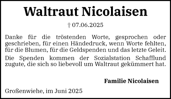Traueranzeige von Waltraut Nicolaisen von Flensburger Tageblatt