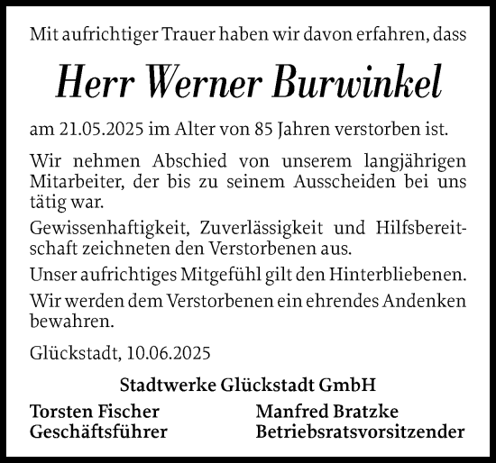 Traueranzeige von Werner Burwinkel von Norddeutsche Rundschau, Wilstersche Zeitung, Glückstädter Fortuna